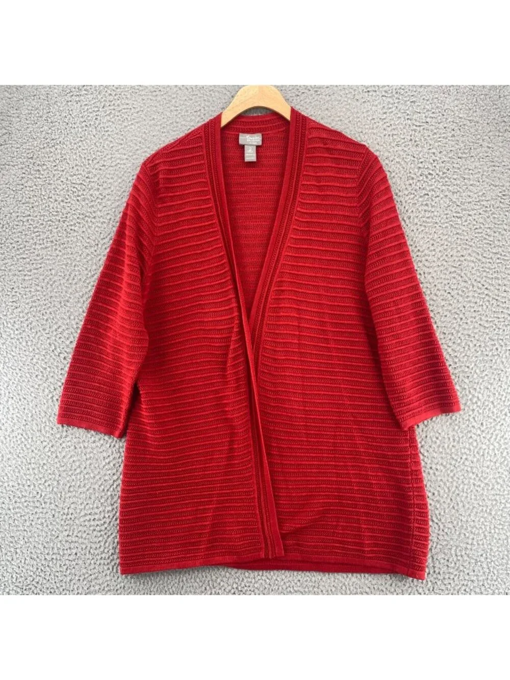 Chicos Sweater Womens 2 US Large Red Travelers Open Knit Stretch Cardigan Casual